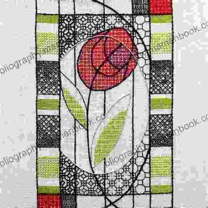 Completed Blackwork Rose Embroidery. Blackwork Rose Coloured Blackwork Pattern